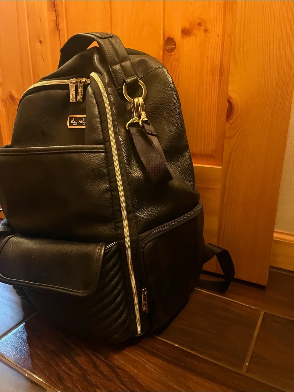 Itzy Ritzy Black Faux-Leather Diaper Bag Backpack